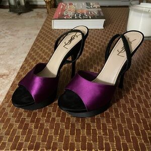 Yves Saint Laurent Black and Purple Satin Heels